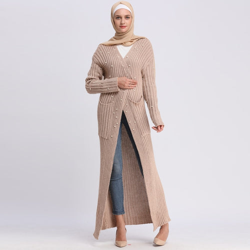 2019 Abaya Dubai Turkey Women Sweater Knitted Pearls Muslim Long Dress Abayas Ramadan Qatar UAE Jilbab Turkish Islamic Clothing
