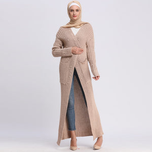 2019 Abaya Dubai Turkey Women Sweater Knitted Pearls Muslim Long Dress Abayas Ramadan Qatar UAE Jilbab Turkish Islamic Clothing