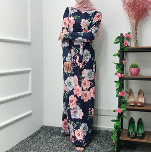Vestido Longo Ramadan Kaftan Floral Abaya Arabic Islamic Muslim Maxi Dress Caftan Elbise Hijab Eid Qatar Robe Femme Musulmane