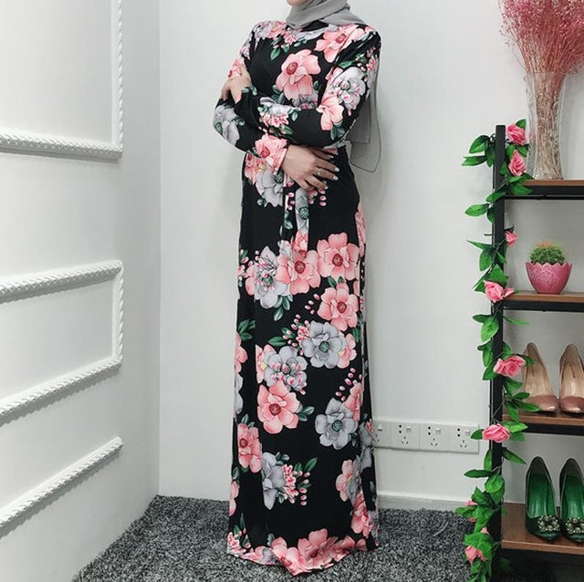 Vestido Longo Ramadan Kaftan Floral Abaya Arabic Islamic Muslim Maxi Dress Caftan Elbise Hijab Eid Qatar Robe Femme Musulmane