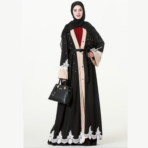 2019 Muslim Abaiya lace cardigan kimono pearl long dress robe dress loose style jacket Musulmane Middle East Islamic clothing