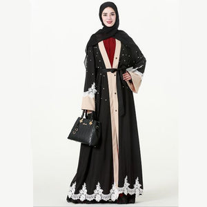 2019 Muslim Abaiya lace cardigan kimono pearl long dress robe dress loose style jacket Musulmane Middle East Islamic clothing