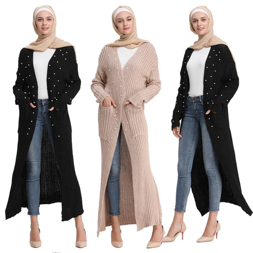 Muslim Women Knitting Gown Cardigan Sweater Pearls Maxi Robe Beading Abaya Dubai Coat Warm Pockets Tunic Islamic Worship Service
