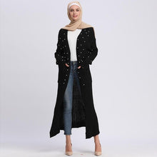 Load image into Gallery viewer, Muslim Women Knitting Gown Cardigan Sweater Pearls Maxi Robe Beading Abaya Dubai Coat Warm Pockets Tunic Islamic Worship Service