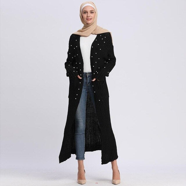 Muslim Women Knitting Gown Cardigan Sweater Pearls Maxi Robe Beading Abaya Dubai Coat Warm Pockets Tunic Islamic Worship Service