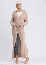 Load image into Gallery viewer, Muslim Women Knitting Gown Cardigan Sweater Pearls Maxi Robe Beading Abaya Dubai Coat Warm Pockets Tunic Islamic Worship Service